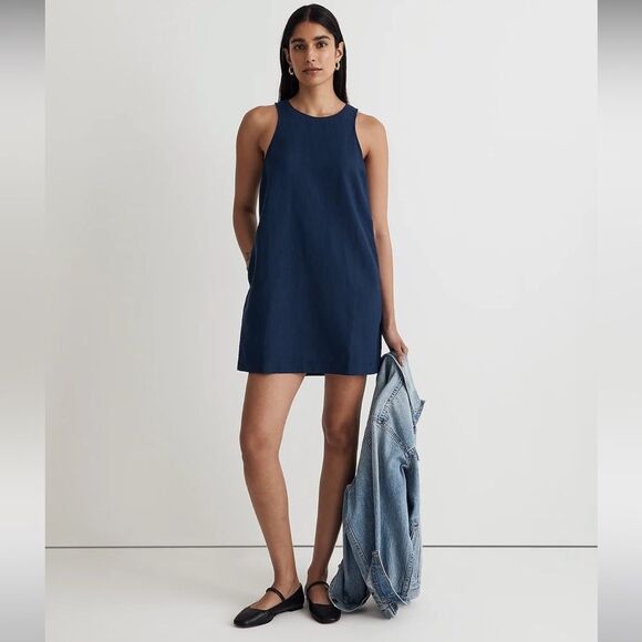 Madewell NWT Linen Blend Cutaway Tank Mini Dress Size 1X in Classic Indigo - Picture 1 of 7